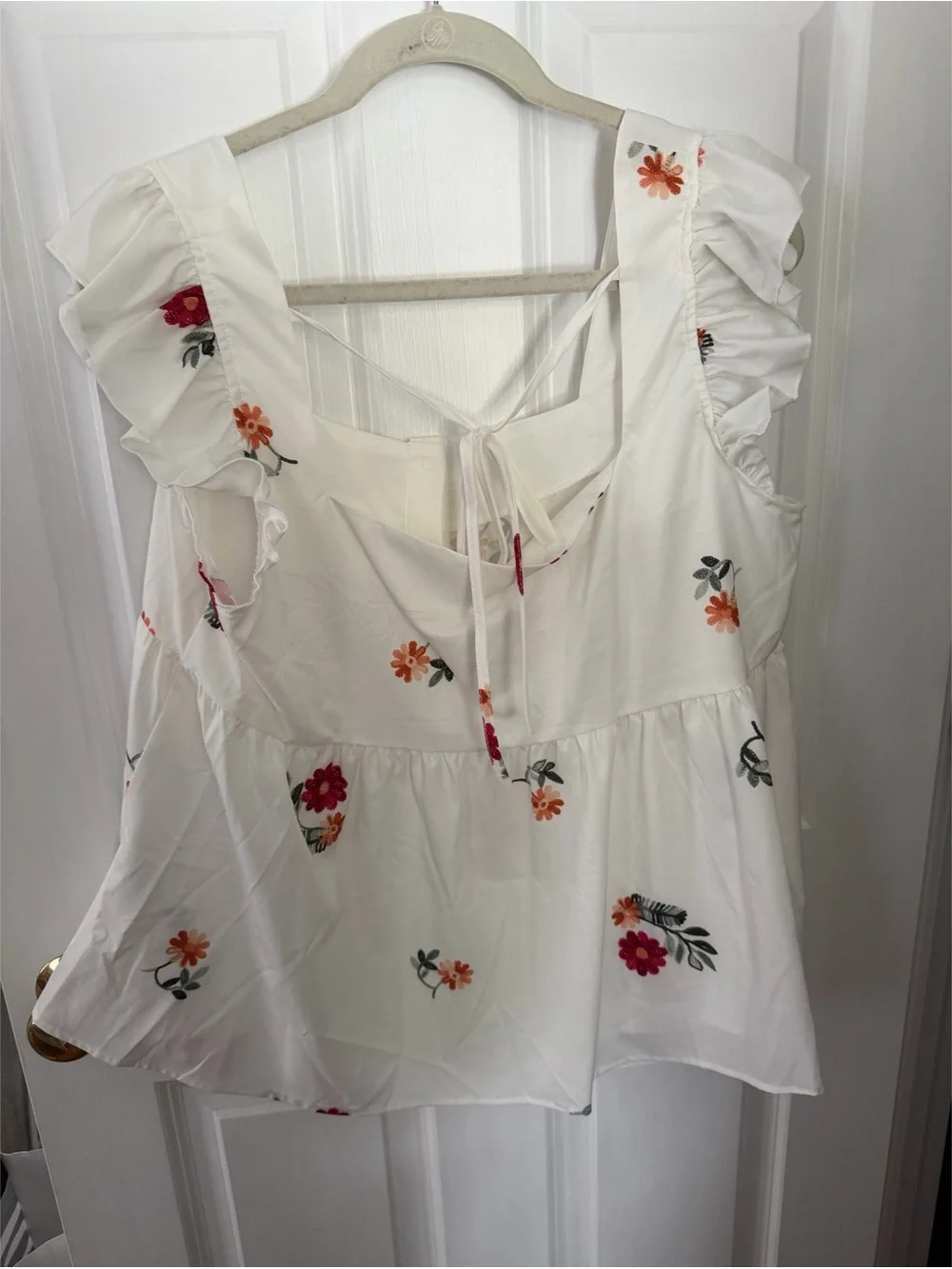 White Floral Button-Front Ruffle Sleeve Top - Picture 2 of 4